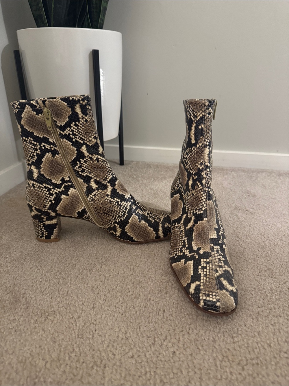 BY FAR Sofia Snake Print Ankle Boots - Tan/Black size 39